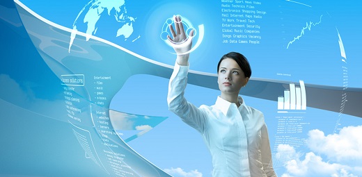 Attractive brunette with interface in futuristic interior