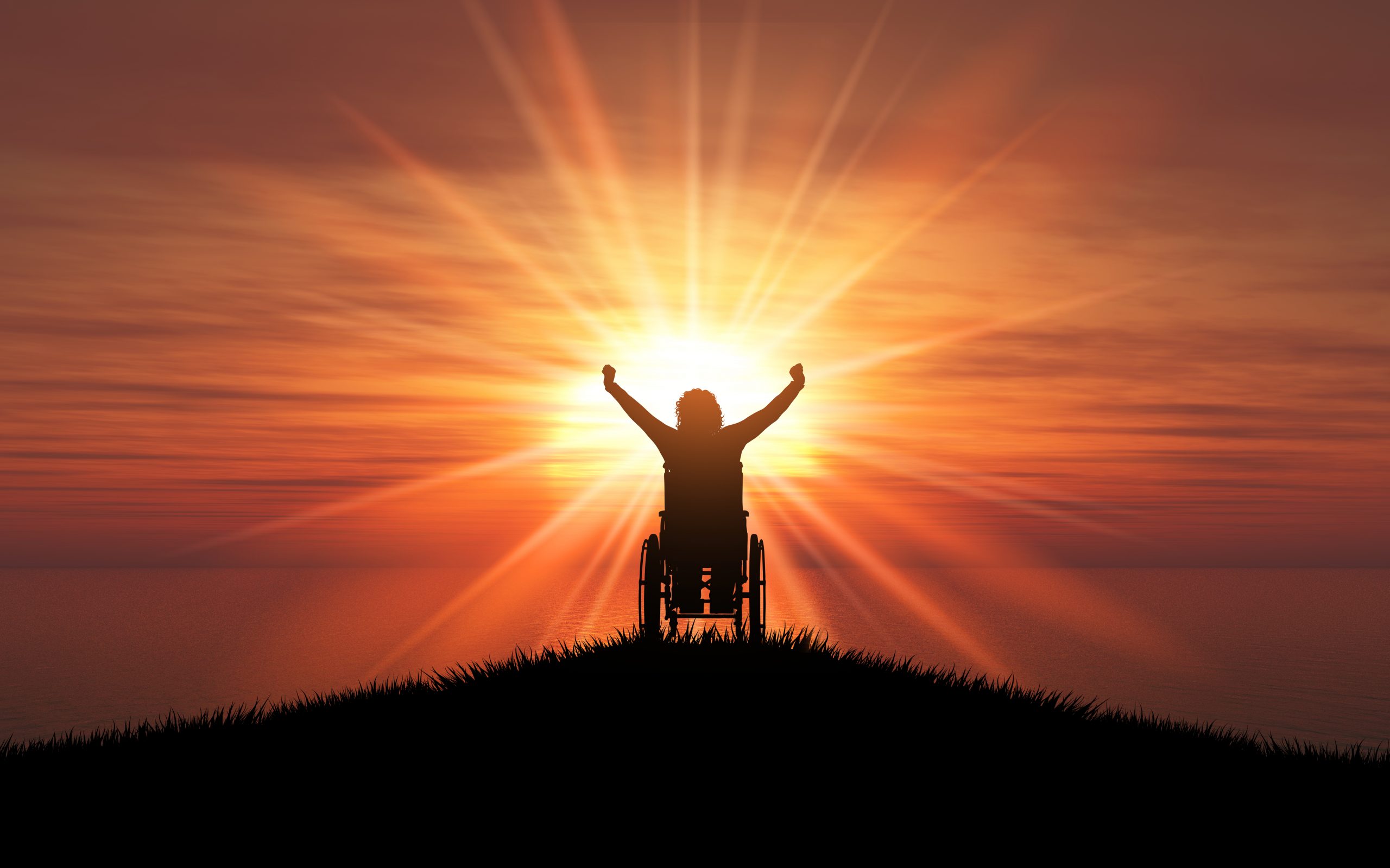 3D silhouette of a female in a wheelchair with her arms raised a