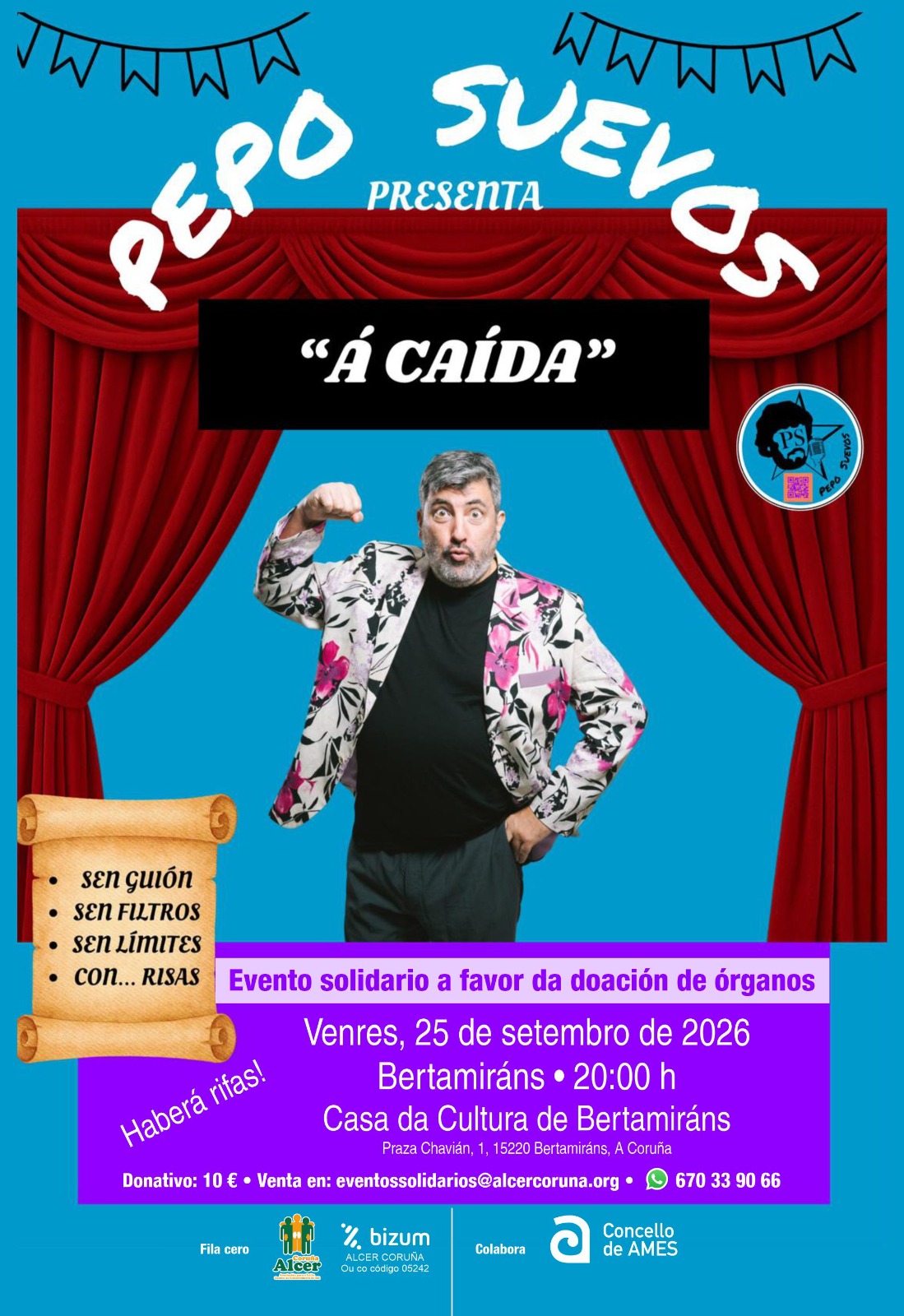 Alcer Coruña lleva el humor y solidaridad de Pepo Suevos hasta Ames para concienciar sobre la donación de órganos